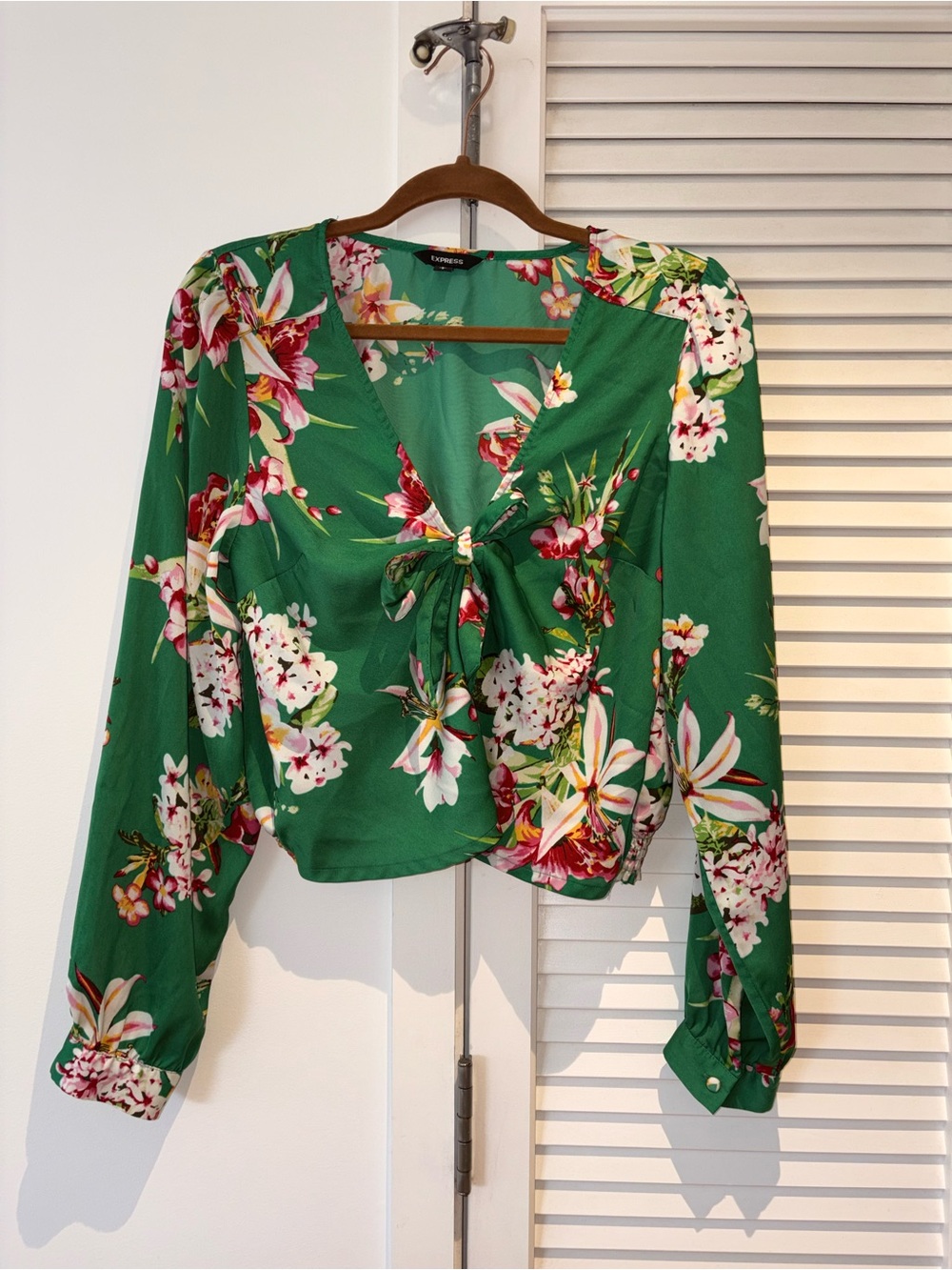 Express Green Floral Tie-Front Blouse